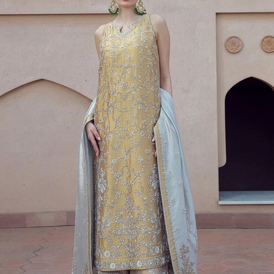 Haris Shakeel Turquoise & Gold Zari Embroidered Dupatta fabric and embroidery detail – NOOSHAM UK