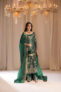 Tabya Emerald Green & Gold Silk Pakistani occasion suit view 1