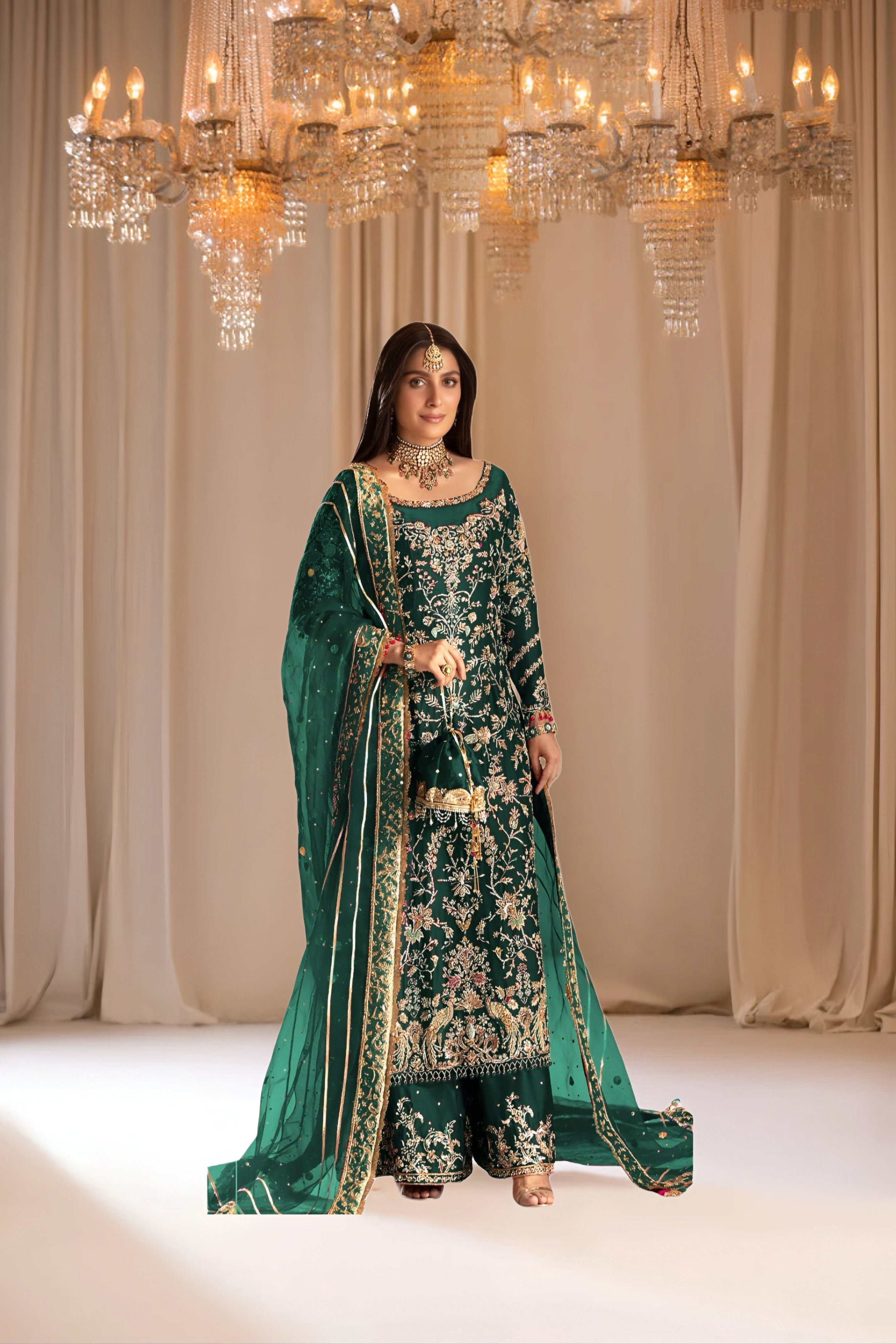 Tabya Emerald Green & Gold Silk Pakistani occasion suit view 1